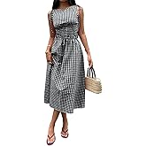 Acelitt Summer Maxi Dresses for Women 2026 Smocked Waist Gingham Dress Flowy A Line Beach Long Sundresses with Pockets