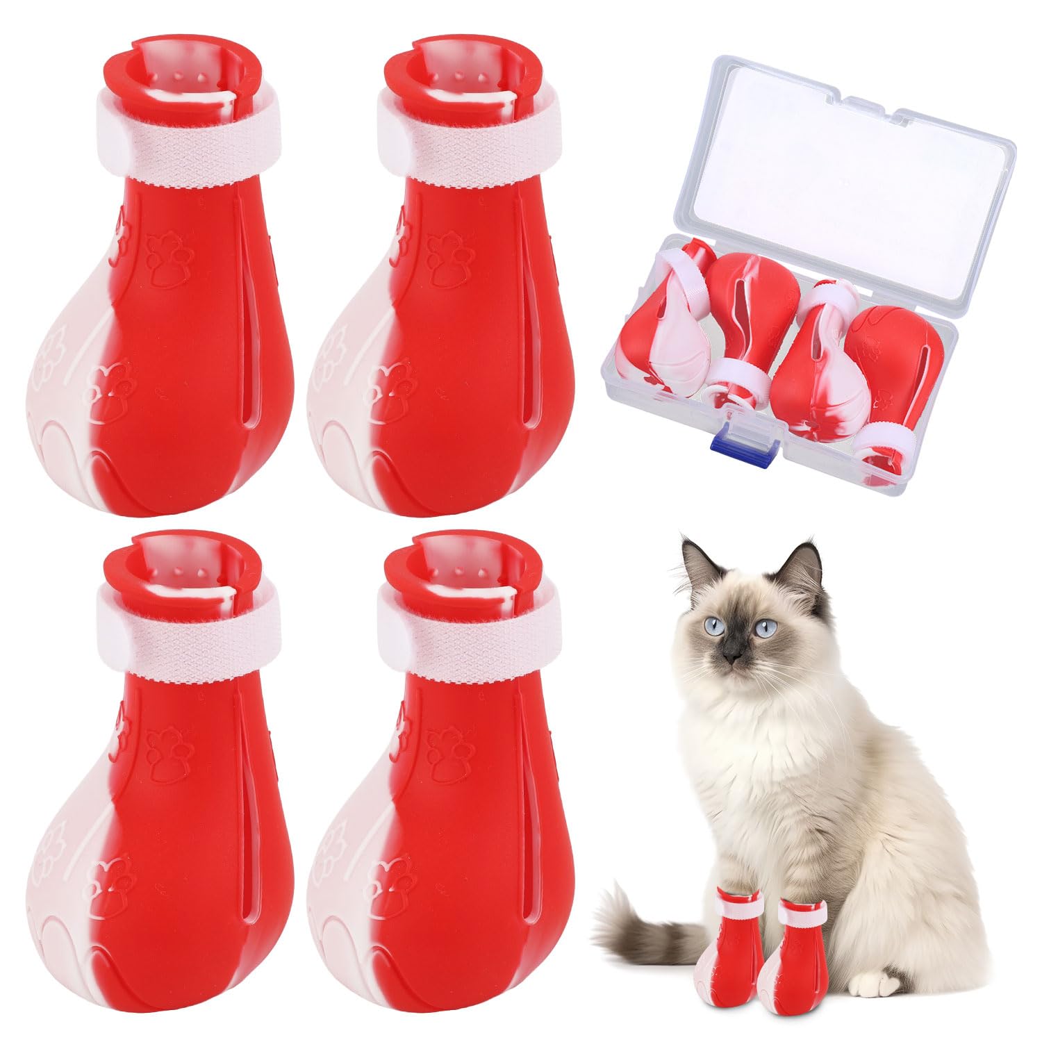 Photo 1 of Gosknor 4pcs Cat Feet Covers, Adjustable Anti-Scratch Anti-Bite Silicone Kitten Paw Claw Caps Boots for Nail Trimming Bathing Checking Multifunctional Pet Grooming Protector Products (Red White)
