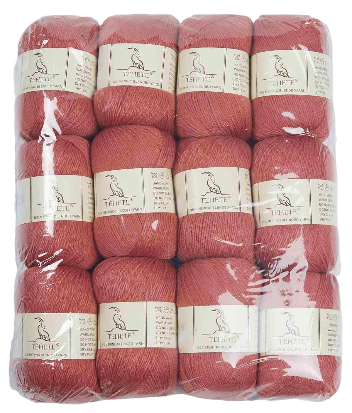 TEHETE Merino Wool Yarn for Knitting and Crochet 12x50g 35% Merino Blended Yarn 3ply Soft, Set of 12-Pink