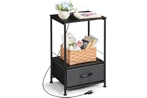 Black Nightstand, Side End Table with Charging Station and USB Ports, 2 Tier Night Stand with Fabric Drawer, for Bedroom, Liv