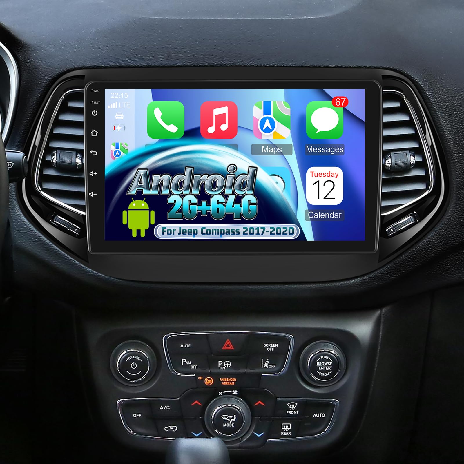 Photo 1 of [4 Core 2+64] Volxcereo Car Radio for Jeep Compass 2017 2018 2019 2020, 10.1 inch Android Touchscreen Stereo with Carplay & Android Auto, GPS/WiFi/Bluetooth/SWC/FM/RDS