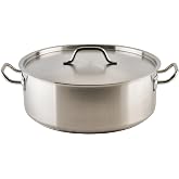 Winco 20 qt Stainless Steel Brazier Pan with Lid | Flat bottom, Wide base, Riveted handles, Induction safe, Great for Braising, Simmering, Batch Cooking and Restaurant Kitchens