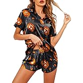 RUEWEY Womens Halloween Pajamas Set Pumpkin Print Short Sleeve Button Down 2 Piece Loungewear Sets Sleepwear