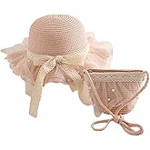 Anopo Girls Straw Hat Purse Bag Set Lace Brim Flowers Pearl Summer Beach Sun Hat Princess Shoulder Crossbody Bag Chin Strap