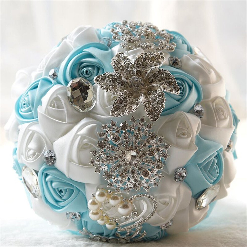 Fouriding Hand Made Diamond Pearl Satin Roses Bridesmaid Bridal Artificial Bouquets Customization Bride Holding Bouquet Wedding for Photo Shooting, Valentine's Day, Birthday,Creystal Blue+White