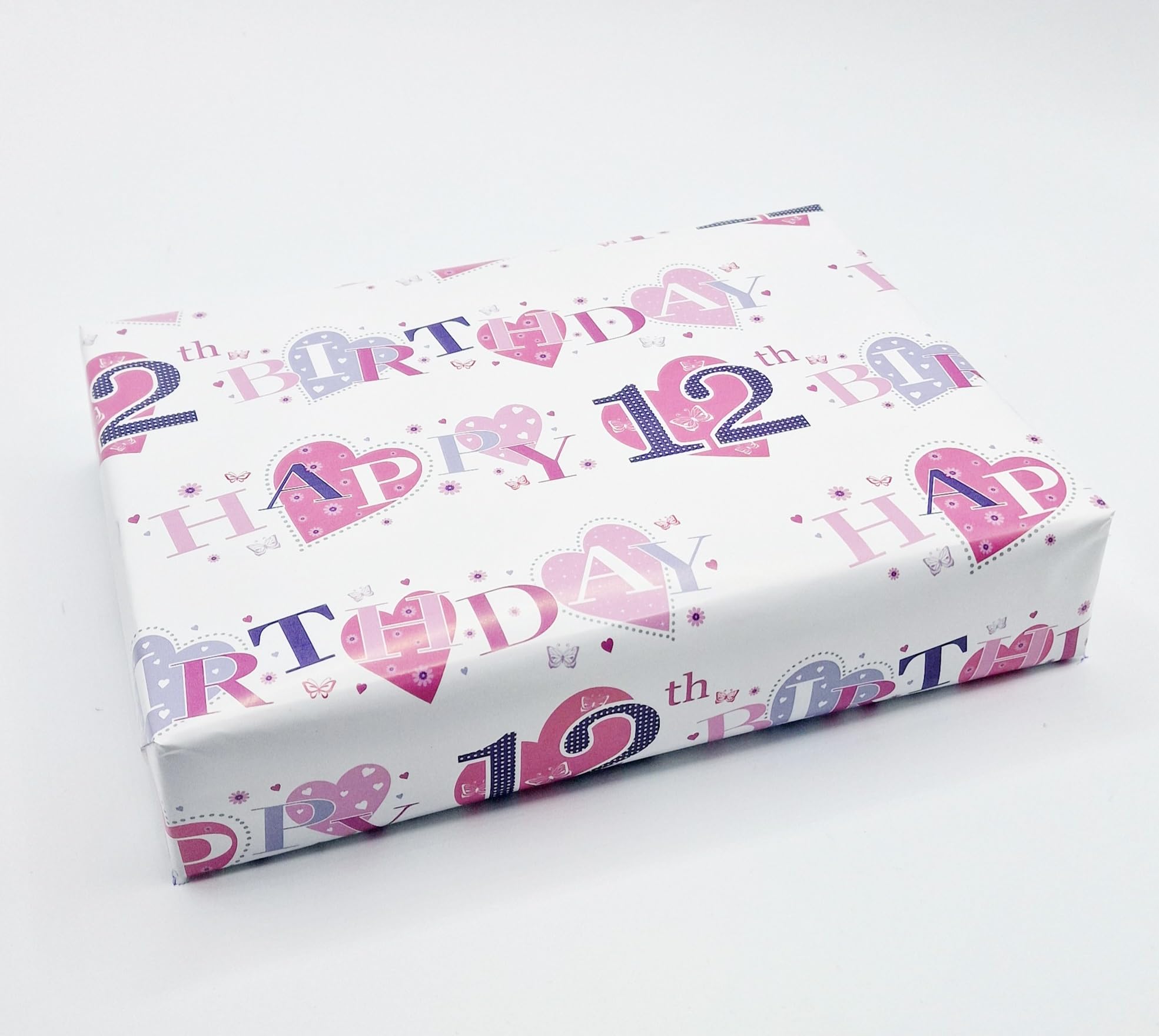 4 Sheets + 4 Gift Tags Heart Design 12th Birthday Pink Female Wrapping Paper Age 12 Birthday Gift Wrap Paper Pink Female (PA)
