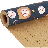 BIOBROWN Baseball Kraft Wrapping Paper Baseball Glove and Ball Design | 17 inch X 33 feet, Gridlines Design, Recycled