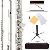 Mendini by Cecilio Premium Grade Closed Hole C Flute with Stand, Book, Deluxe Case and Warranty (Nickel Plated)