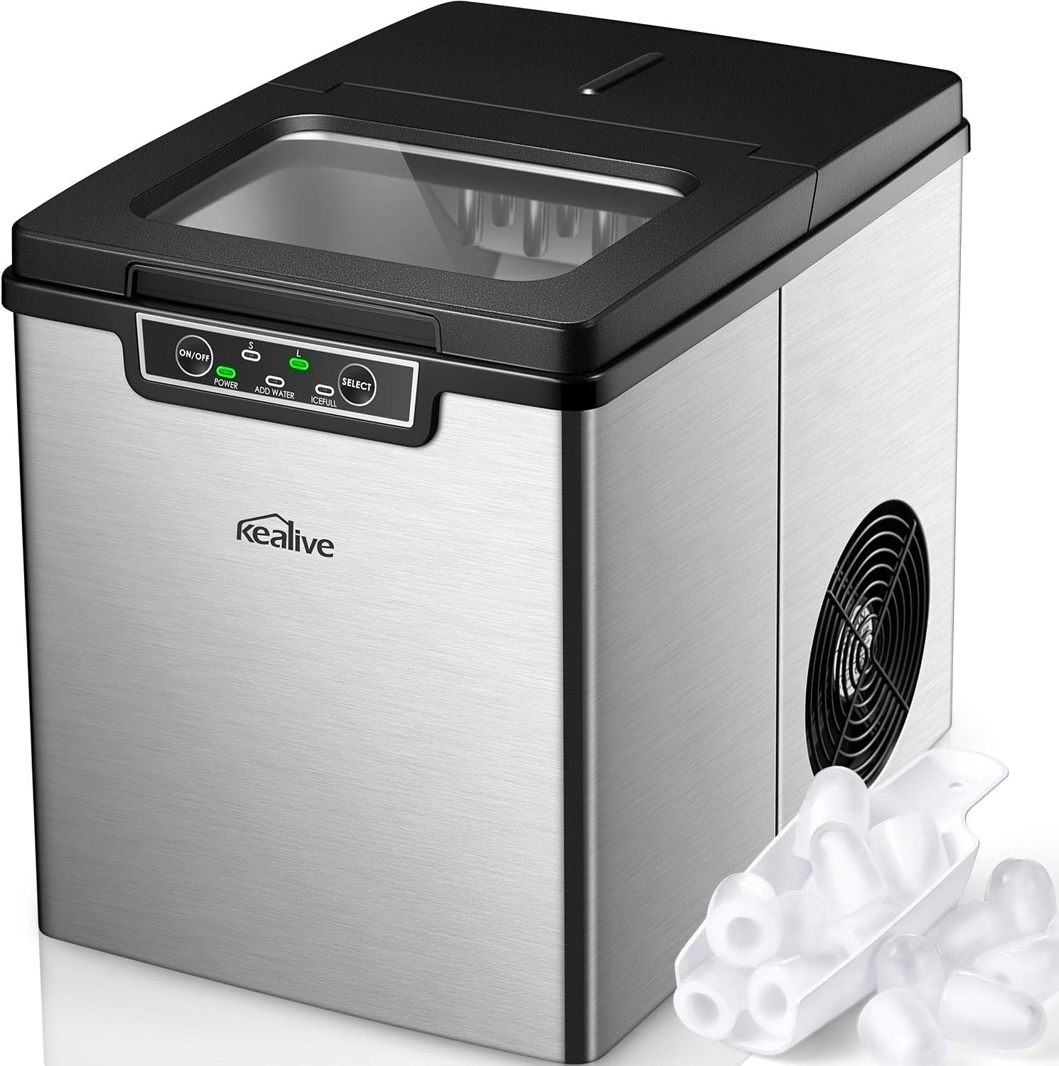 Eiswürfelmaschine Edelstahl, 15kg/28lbs 24h, 6 Minuten Produktionszeit, 2 Eiswürfel-Größen, 2.5L, Einfache Bedienung, Kealive Eiswürfelbereiter mit Infrarotsensor, Leise Ice Maker ohne Wasseranschluss