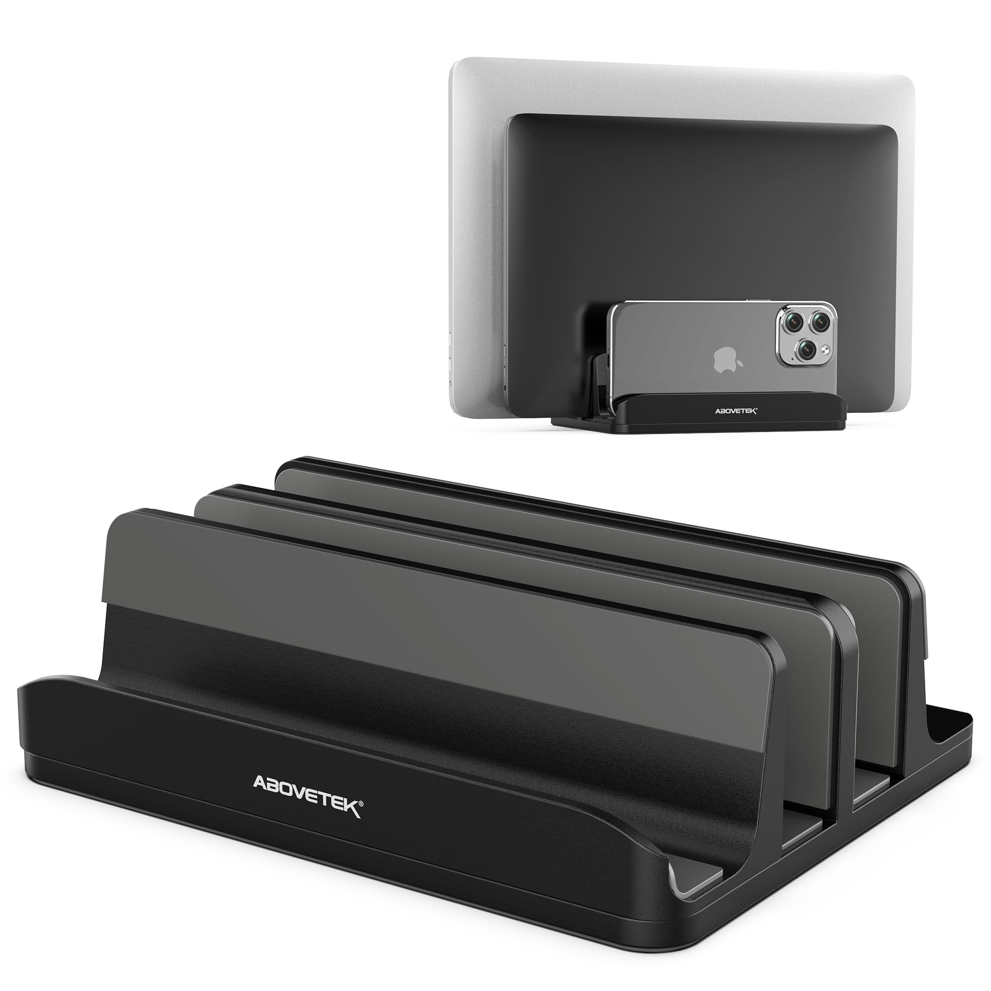 AboveTEK Vertical Laptop Stand 3 Slots for Computer, Tablet, Phone - Fits All Laptop Models (up to 17.3") - Heavy Duty Polished Aluminum Desktop Holder - Anti Slide Silicone Grips - Black
