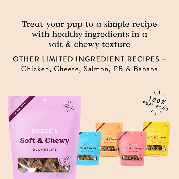 BOCCE’S BAKERY OVEN BAKED DUCK RECIPE TREATS FOR DOGS, WHEAT-FREE EVERYDAY DOG TREATS, MADE WITH REAL INGREDIENTS, BAKED IN THE USA, ALL-NATURAL SOFT & CHEWY COOKIES, DUCK, 6 OZ