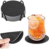 Chitomars Drink Coasters, 12 Pcs with Holder, Dual Sided Non-Slip Washable Faux Leather Cup Coasters (Black)