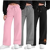 LessonZoo 3 Pack Girls' Sweatpants Fleece Lined Wide Leg Drawstring Casual Kids Open Bottom Pants with Pockets Teen Girl