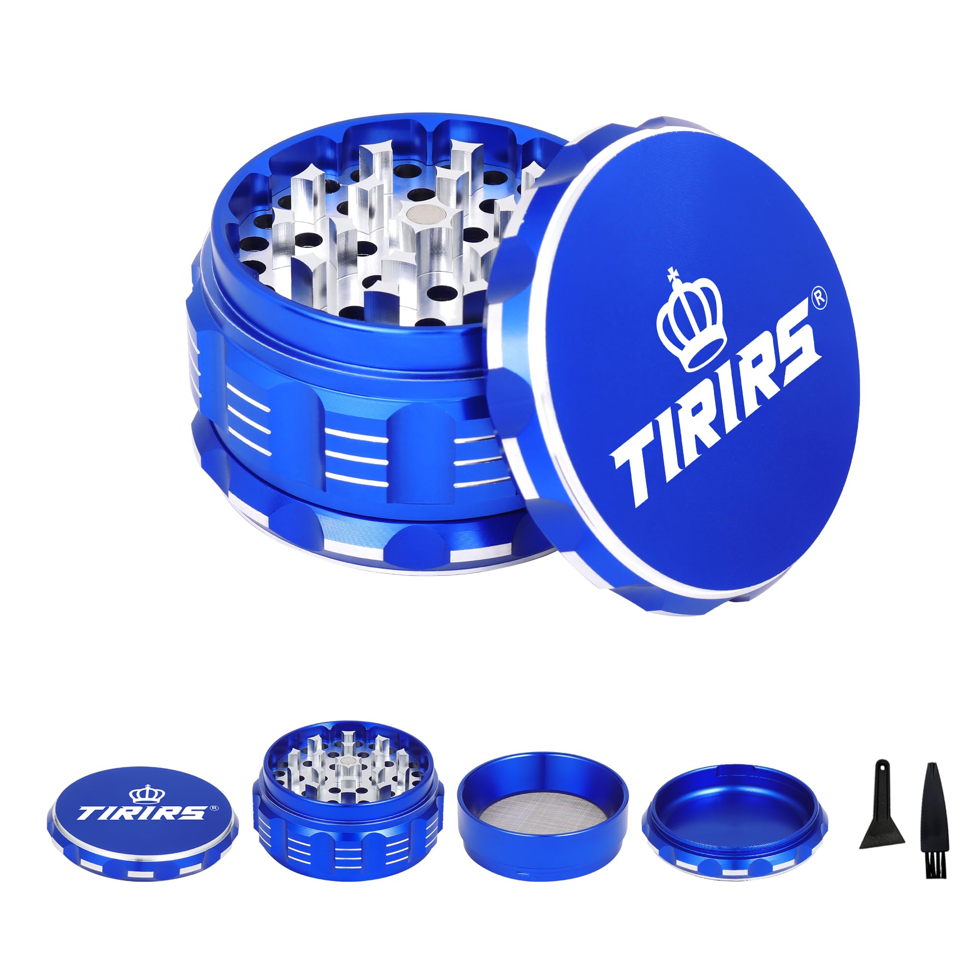 TIRIRS 3 Inches 4 Pieces Premium Herb Grinder - Aluminium Large Spice Grinder with Pollen Catcher, Comes with Pollen Scraper and Cleaning Brush, Blue