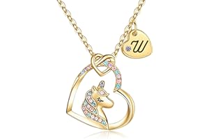 Rucher Unicorn Necklace for Girls Kids with Personalized Initial Heart Pendant, 18K Gold Fashion Jewelry for Girls, Colorful Heart Necklace for Birthday Gifts.