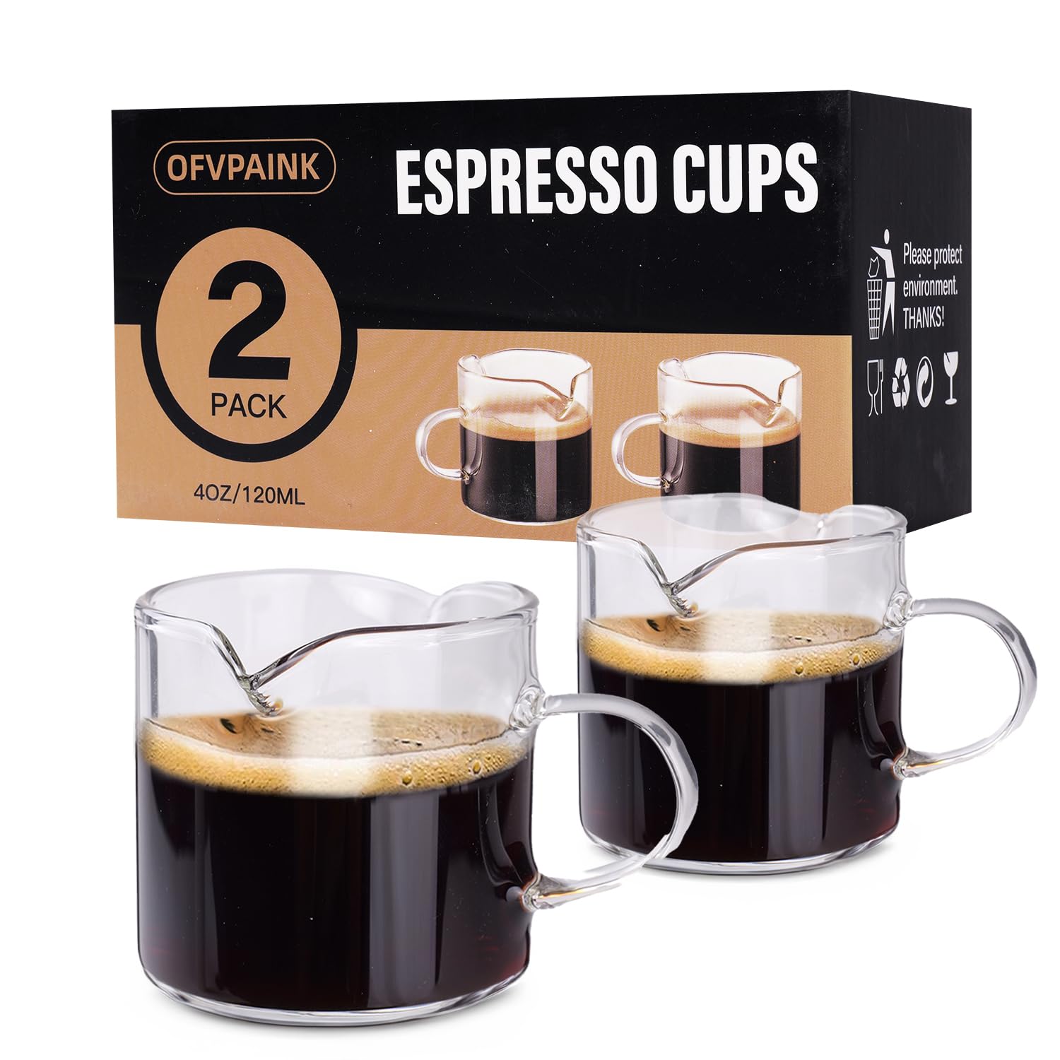 Photo 1 of Ofvpaink 2 PACK Espresso Cups, 4 OZ Double Spouts Cups, Espresso Shot Glasses with Handle, Clear Glass Milk Cup