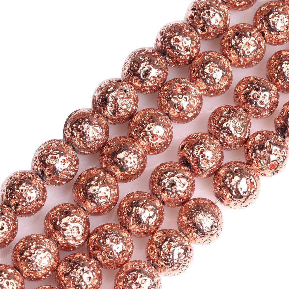 GEM-Inside 12mm Rose Gold Metallic Coated Volcanic Rock Round Gemstone Semi Precious Loose Beads for Jewellery Making 15''