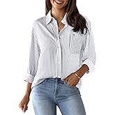 Striped Button Down Shirts for Women Cotton Dress Shirts Long Sleeve Collared Blouses Work Business Casual Tops