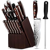 Kitchen Knife Sets with Block, 15-Piece High Carbon Stainless Steel Knife Block Set with Sharpener, Ultra-Sharp kitchen knives with Triple Rivet Wood Handle Perfect for Cooking Cut