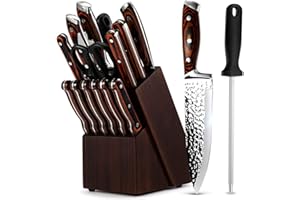 Kitchen Knife Sets with Block, 15-Piece High Carbon Stainless Steel Knife Block Set with Sharpener, Ultra-Sharp Kitchen Knive