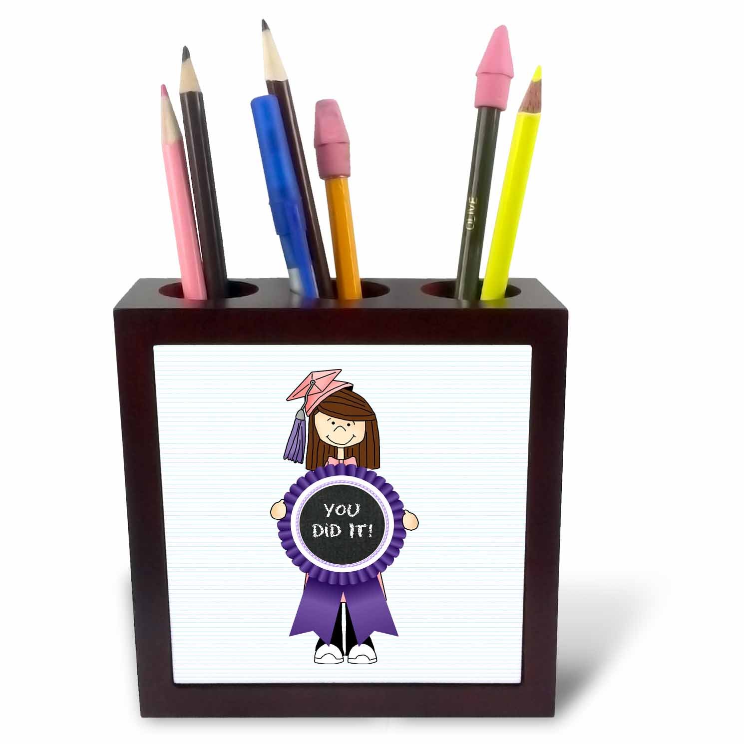 3dRose Elementary School Graduate Girl in Pink and Purple You Did It-Tile Pen Holder, 5-Inch (Ph_203388_1), 5 Inches