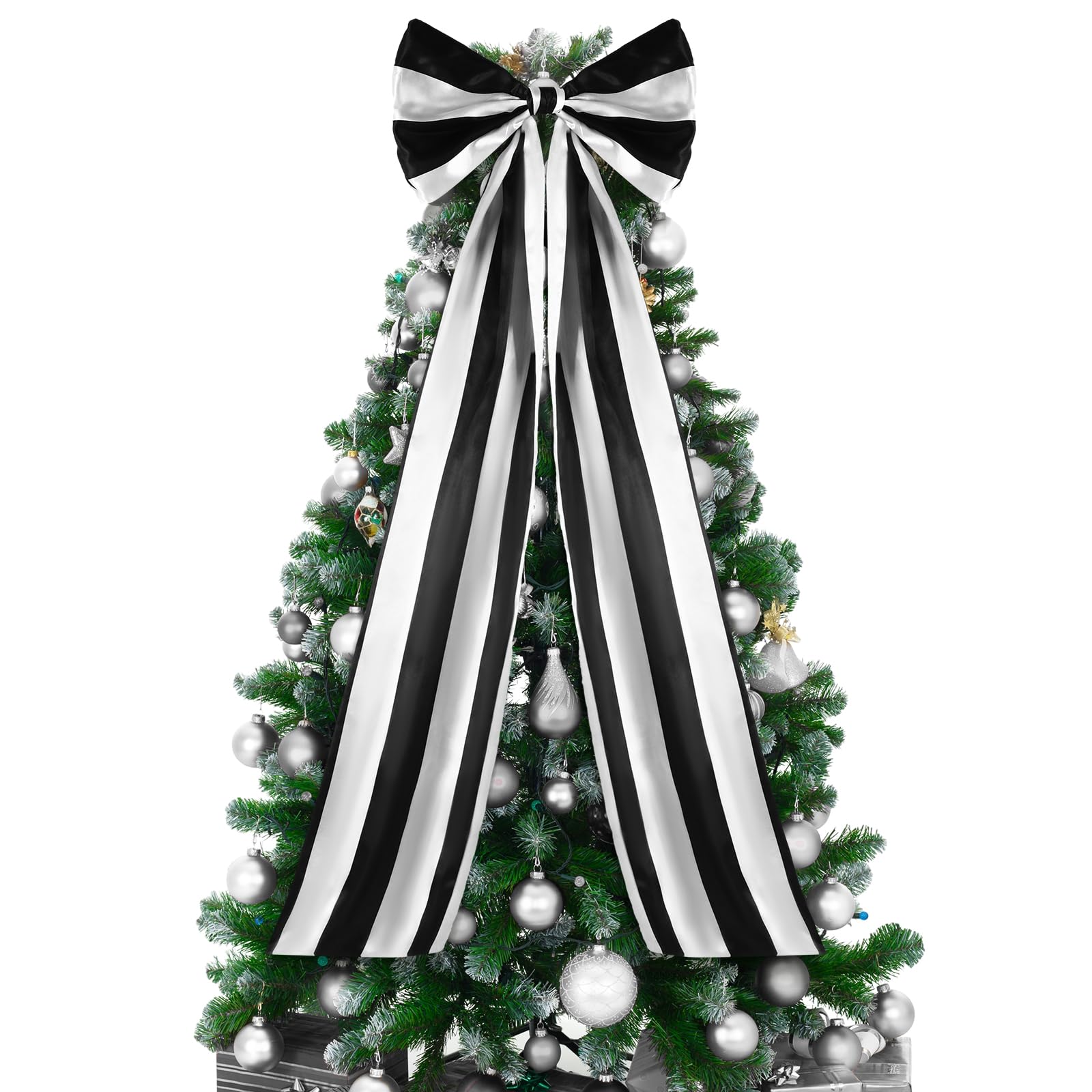 Photo 1 of 16 x 46 Inch Christmas Tree Topper Extra Large Black and White Striped Christmas Bow Giant Coquette Bow Gift Decor for Xmas Tree Wreath Wall Birthday Wedding Holiday Party Decorations