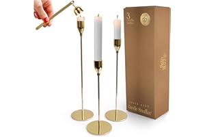 ASTRI BUZZ Gold Candle Holders Set of 3, Includes a Candle Snuffer, Gold Candlestick Holder Gold Candlesticks Candle Stick Candle Holder Candlestick Holders Taper Candle Holders