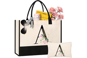 AYGE Personalized Initial Canvas Beach Tote, Monogrammed Gifts for Women, Makeup Bag, Birthday Gifts for Sister, Mom, Teacher, Bridesmaid (A)