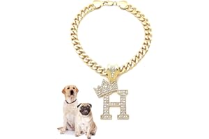 Icemond Rhinestone Studded Initial Pendant 18" Cuban Chain Fashion Costume Jewelry Necklace for Dogs Cats in Gold Tone (Gold - H)