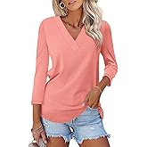 TICTICMISS Women's 3/4 Sleeve Shirts V Neck Summer Tops Casual Tunics Tops Basic Tees Blouse Loose Fit