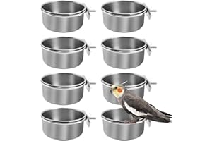 kathson 8 Pack Bird Feeding Dish Cups, Stainless Steel Parrot Feeders Water Cage Bowls with Clamp Holder Bird Feeders for Parakeet Cockatiels Conure Budgies Lovebird Finch and Small Animals