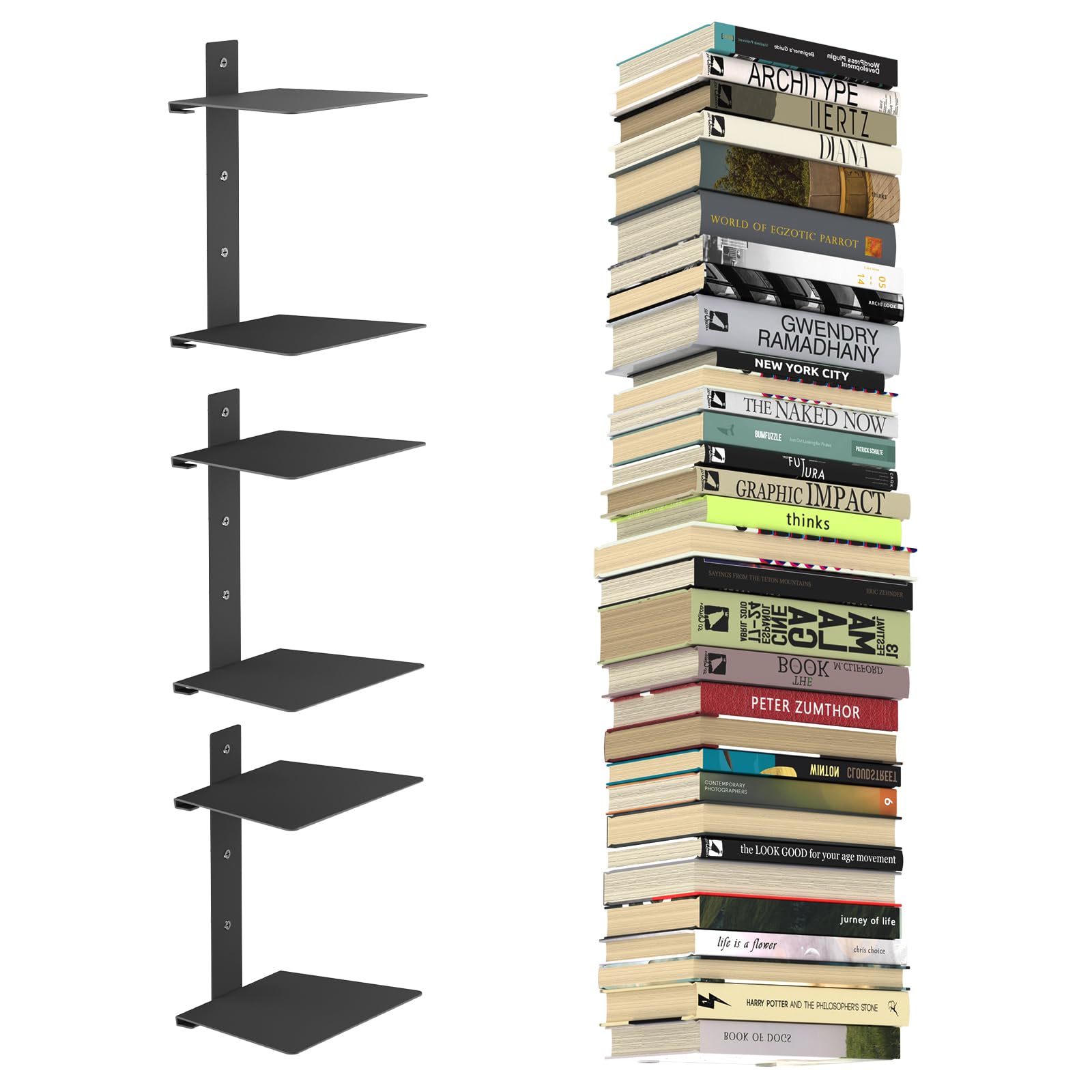 Photo 1 of Mefirt Invisible Floating Bookshelves for Wall, 6 Tier Vertical Spine Book Tower, Heavy Duty Floating Book Shelves Metal Book Organizers for Home Office, 3 Pack(Black)