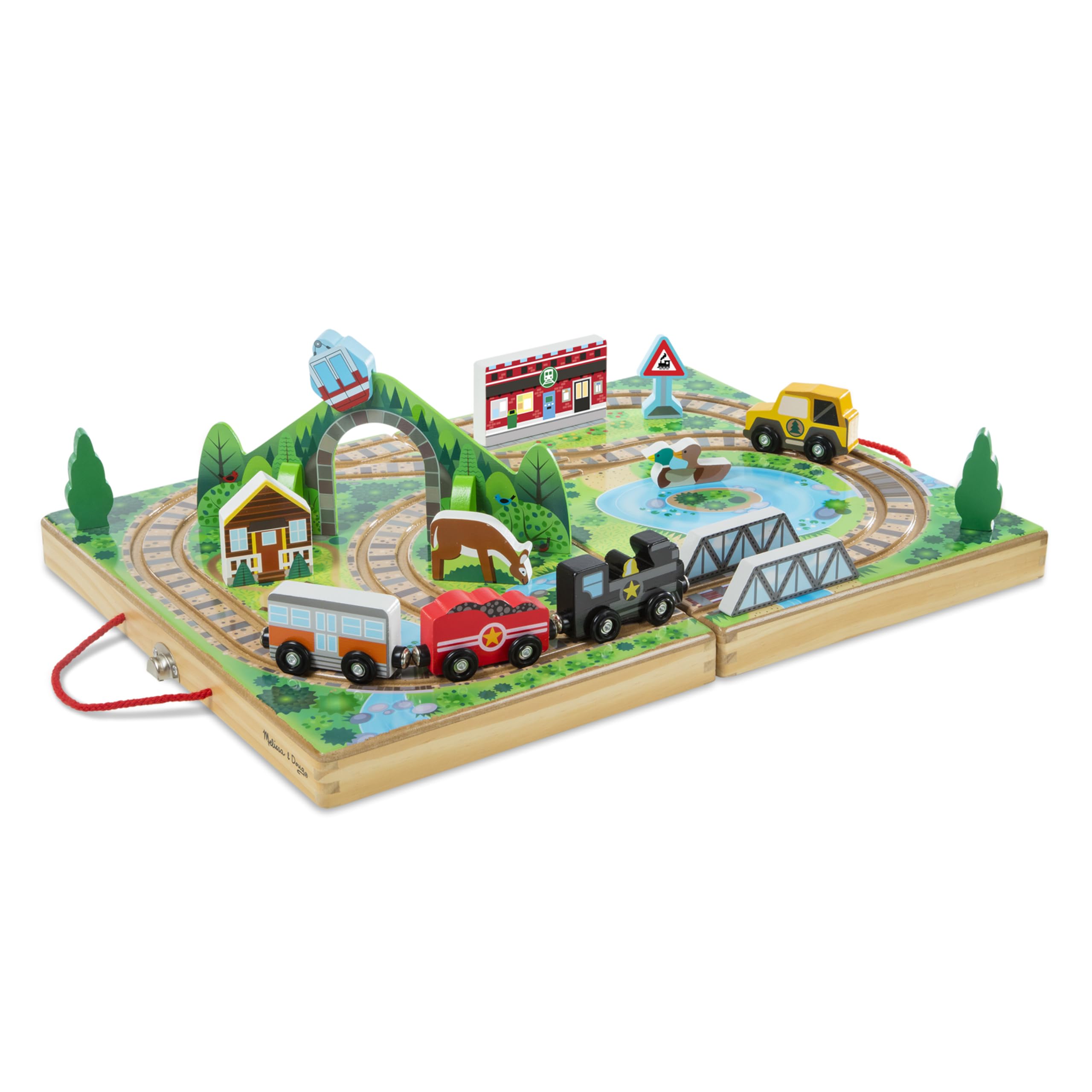 Melissa & Doug 17-Piece Wooden Take-Along Tabletop Railway, 3 Trains, Truck, Play Pieces, Bridge - Wooden Train Sets For Kids Ages 3+
