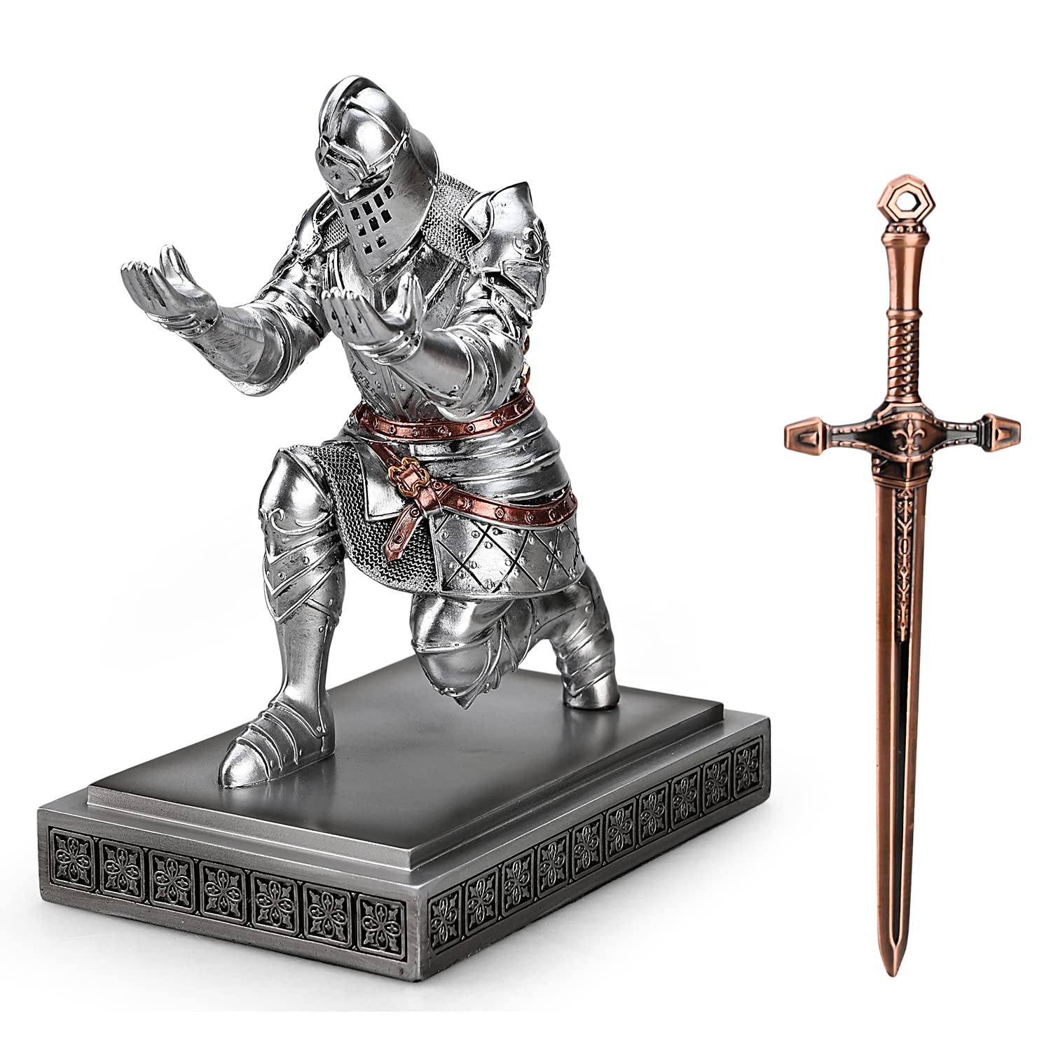 HDMbigmi King's Guard Knight Resin Pen Holder and Desk Accessories for Office and Home (Silver)