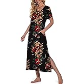PrinStory Womens Long Nightgown Short Sleeve Nightshirt V-Neck Soft Night Gown Casual Sleepwear