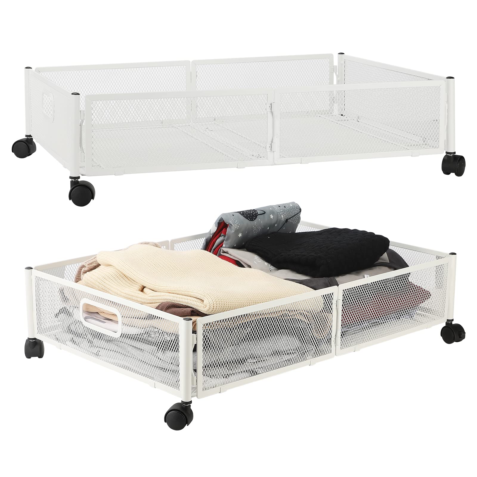 MISNODE Under Bed Storage, Under the Bed Storage Containers with Wheels, Tool-free Assembly Metal Underbed Storage Organizer Drawer for Bedroom, White (2pcs, White)