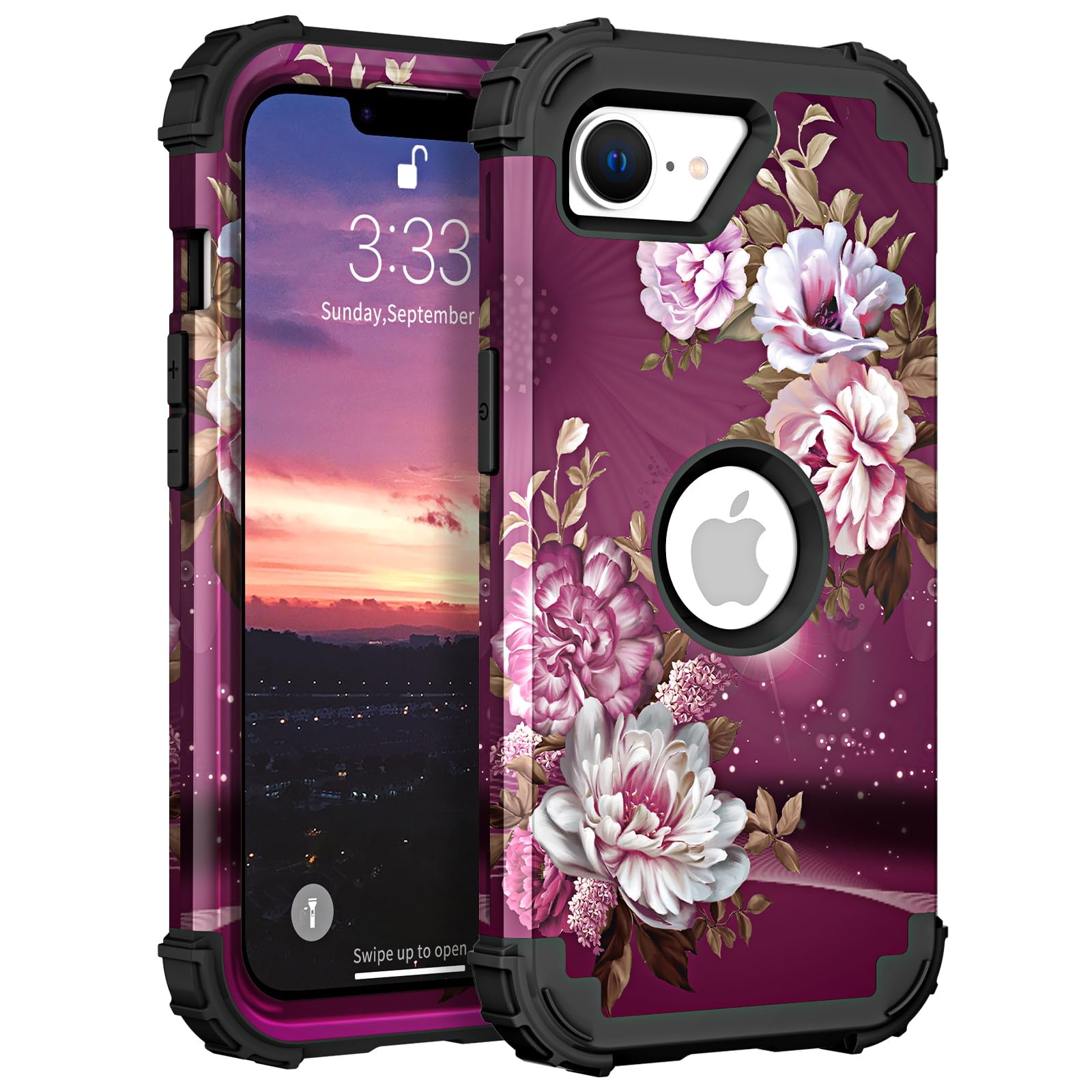 Photo 1 of Hocase for iPhone 16e Case, Heavy Duty Shockproof Protection Hard Plastic+Silicone Rubber Hybrid Protective Phone Case for iPhone 16e 6.1" 2025 - Royal Purple Flowers