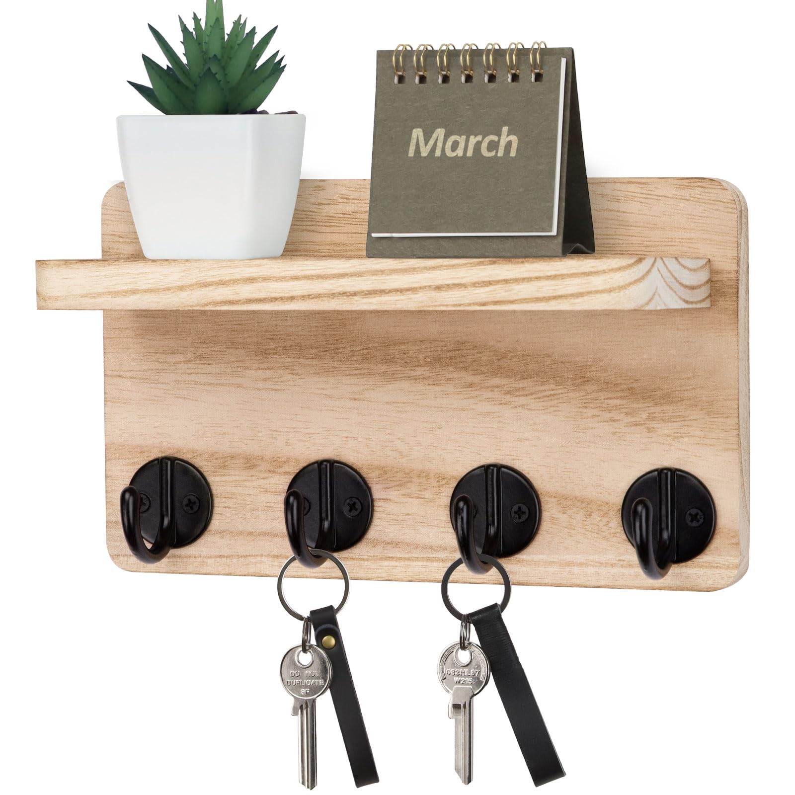 Nekon Key Holder Wall Mount, 8.5 Inch Small Home Decor Wooden Wall Organizer with 4 Hooks and Shelf, Wall Decor for Living Room Entryway Kitchen (Wood)