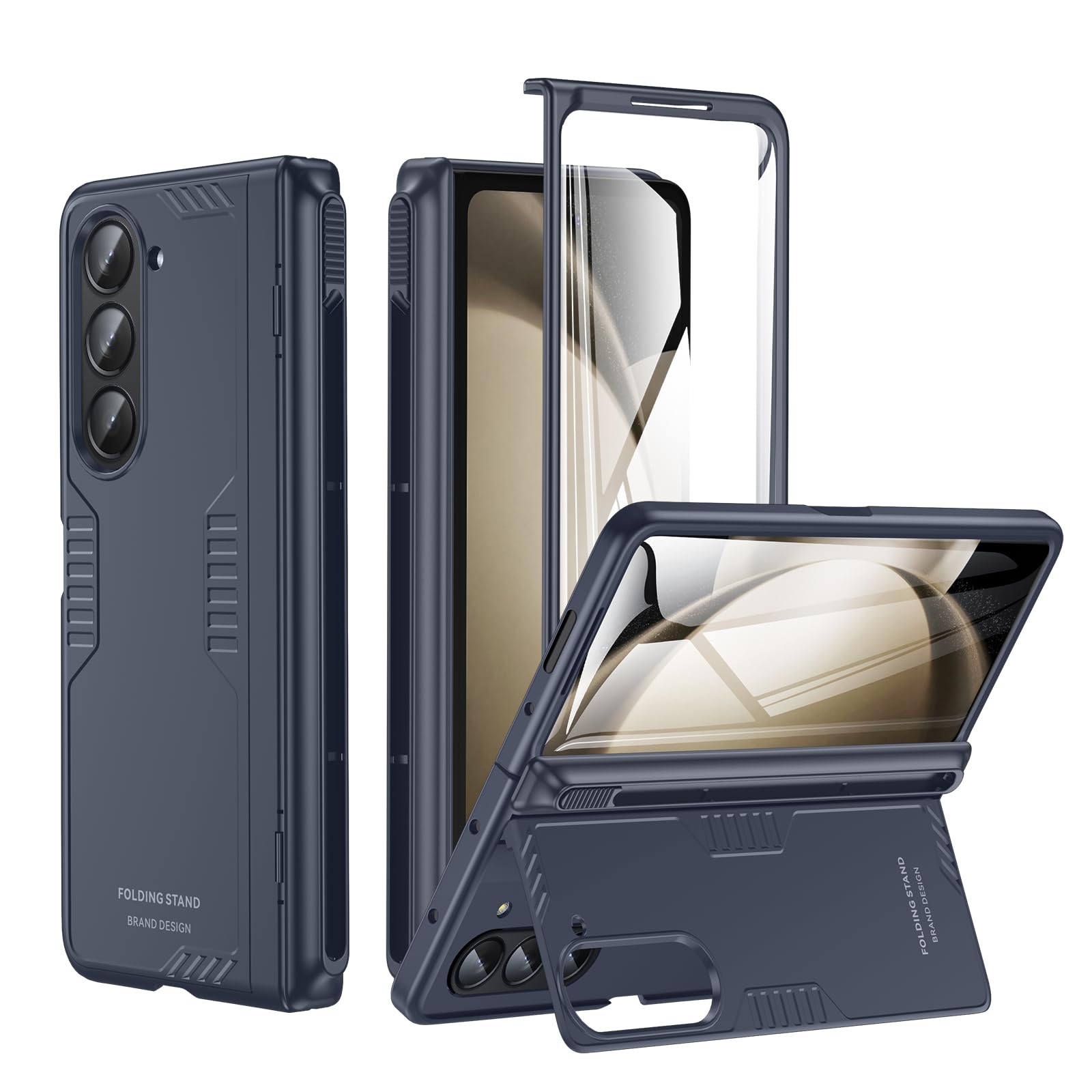 Kaiiecal for Samsung Galaxy Z-Fold-5 Case with S Pen Holder [No Pen] Screen Protector | Hidden Kickstand | Slim Hinge Protection | Scratch Resistent | Anti-Slip Soft Full-Body Cover for Fold5 Blue