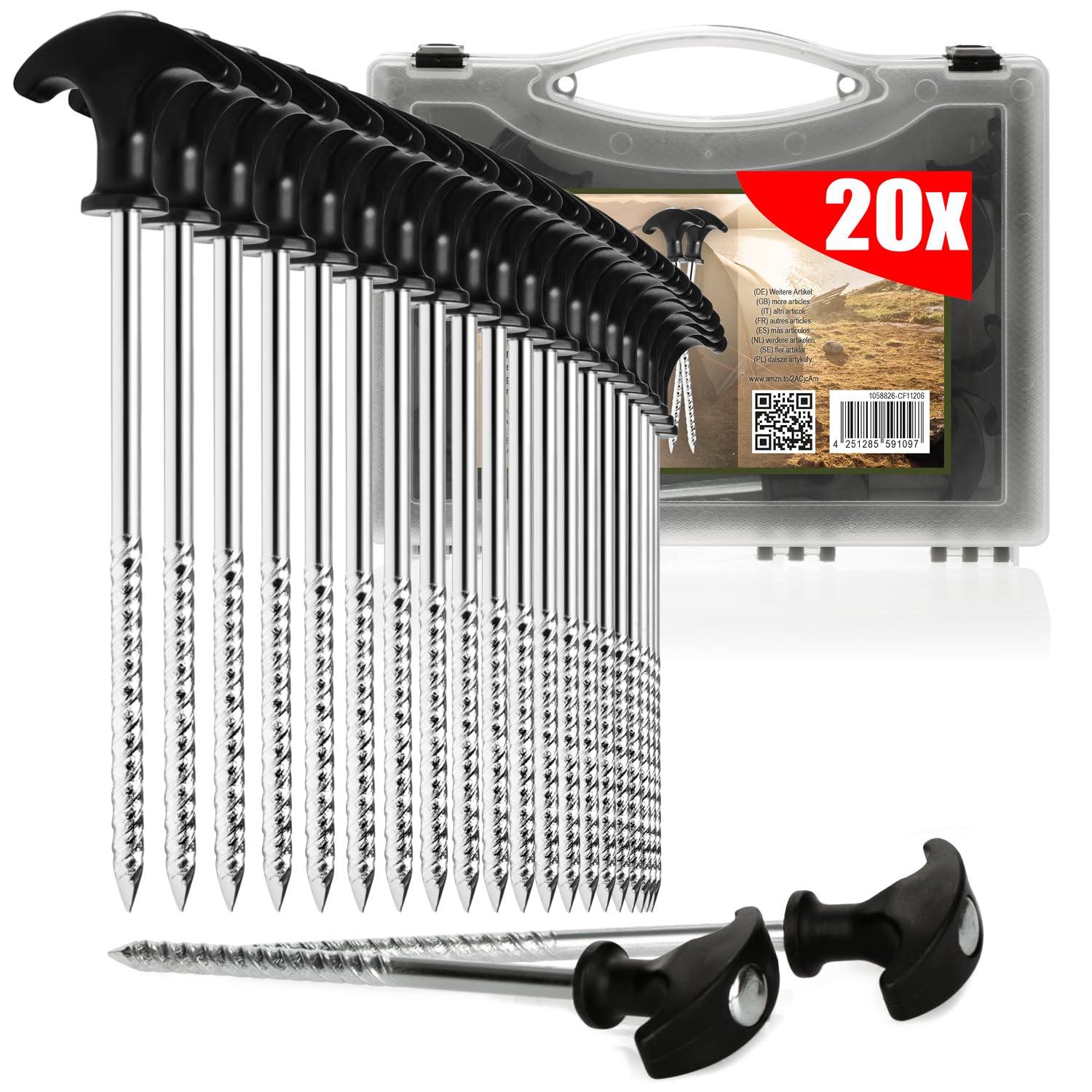 COM-FOUR® 20x tent pegs made of steel - robust ground pegs with thread in transport box, for camping and outdoors - ideal for normal and hard ground, with T-handle