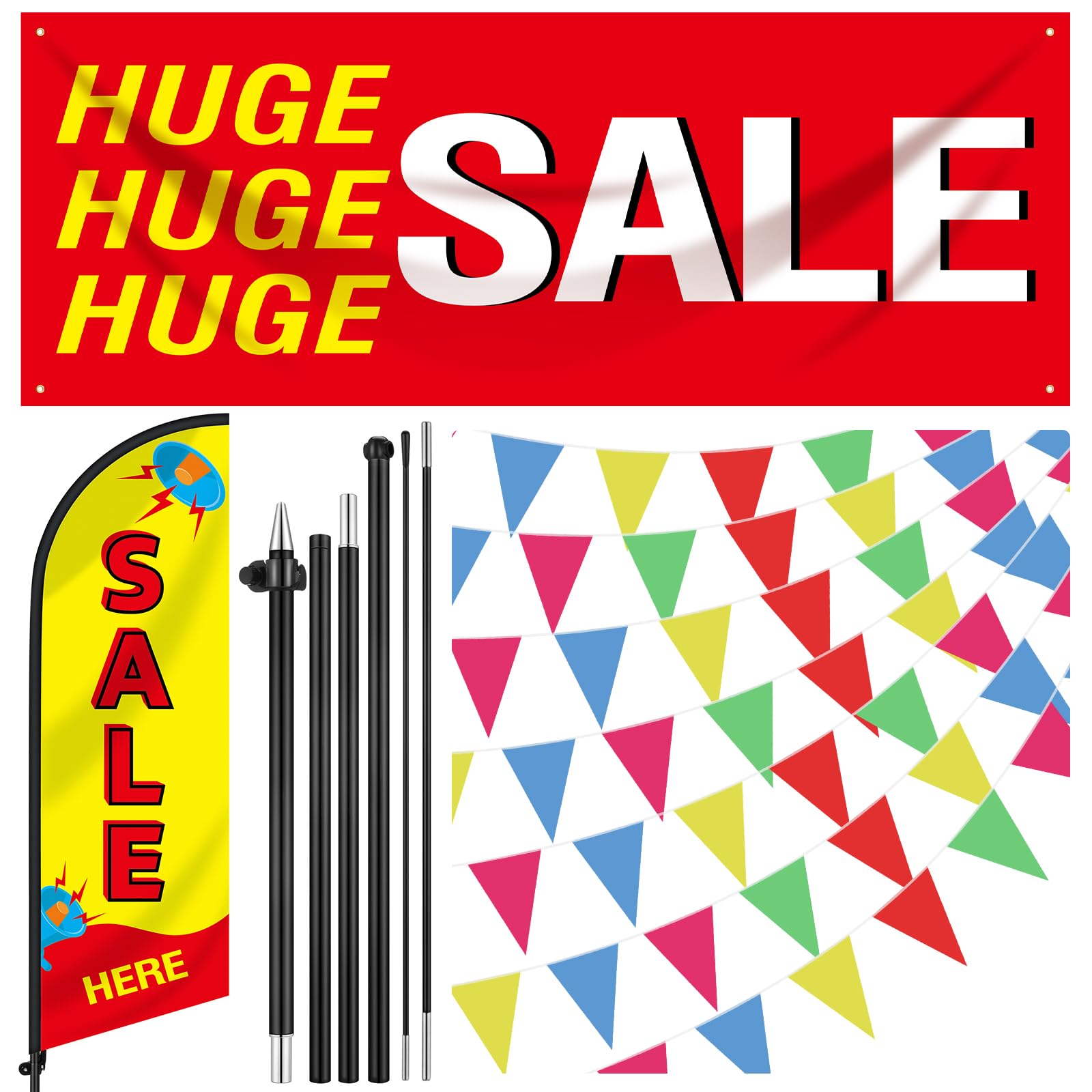 Photo 1 of 4 Pcs Extra Large Sales Sign Set 3 x 8 ft Huge Sale Banner 7ft Feather Flag with Pole Kit 689 ft 360 Pcs Colorful Pennant Banner Flags Outdoor Indoor Store Sale Sign for Business Advertising