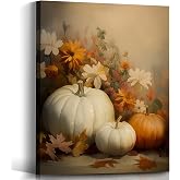 Voxitura Farmhouse Fall Pumpkin Flower Wall Art Canvas, Vintage Autumn Wall Decor for Thanksgiving Harvest Kitchen, Rustic Paintings Pictures Prints Framed Decorations for Bedroom Halloween 12x15in