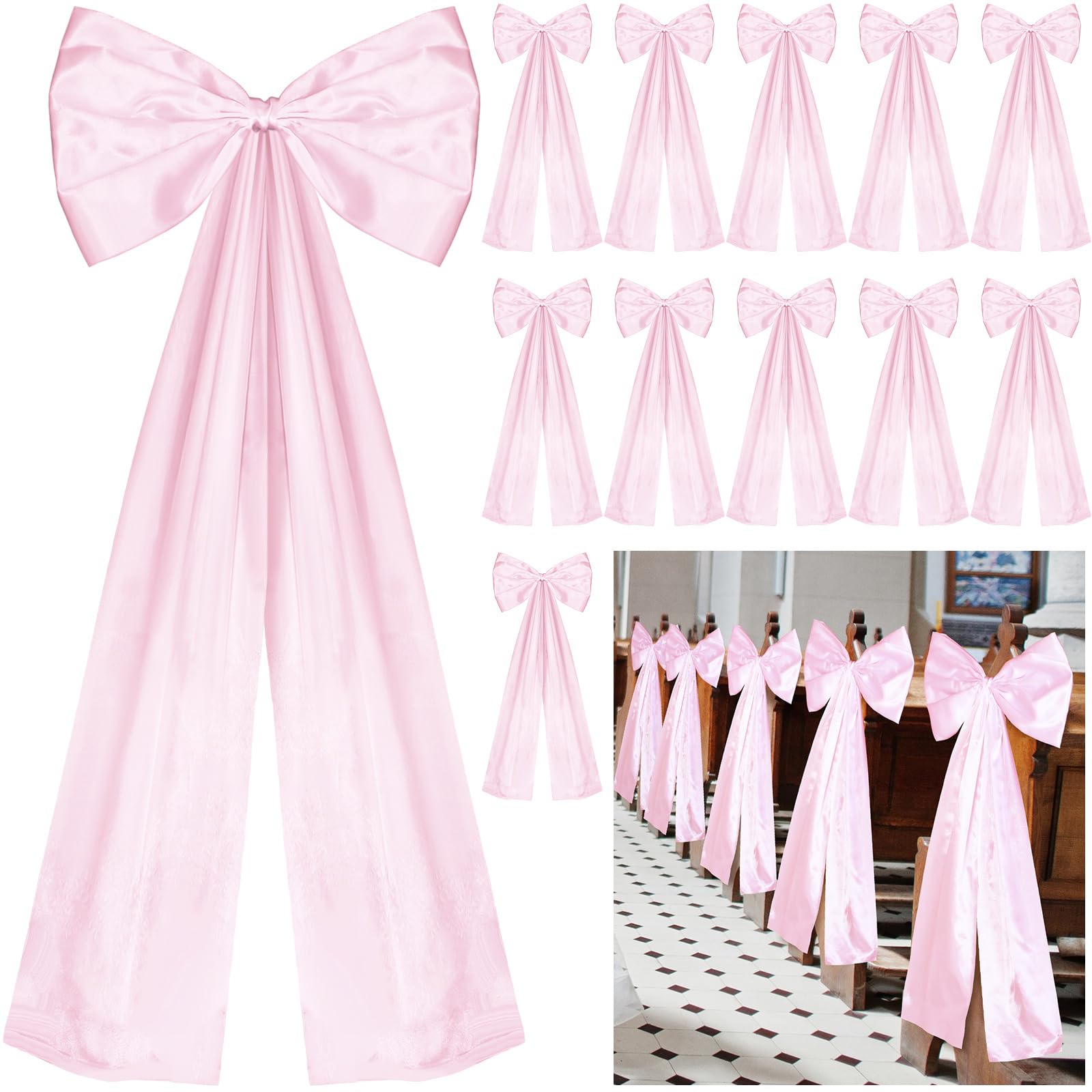 Photo 1 of Knitgrip Large Wedding Pew Bows with Long Tails 12 x 29.5 Inch Wedding Aisle Decorations Bows Satin Ribbon Background Decor for Bridal Shower Reception Ceremony (Pink,12 Pcs)