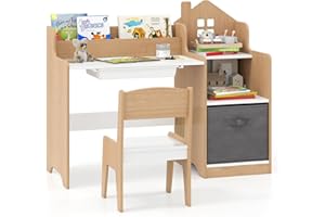Costzon Kids Desk and Chair Set, Wooden Children Multi-Activity Table with Hutch, Bookshelf, Drawer & Fabric Storage Bin, Tod
