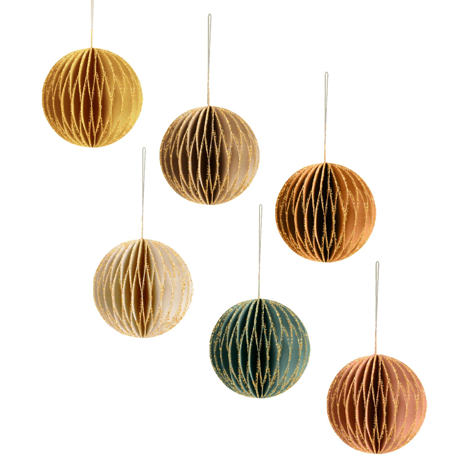 NICROLANDEE Christmas Hanging Decorations, 6 PCS Nature Round Glitter Edge Paper Honeycomb Ornaments, Green Brown Mini Paper Lanterns Ornament for Christmas Tree Décor, New Years Party Home Decor