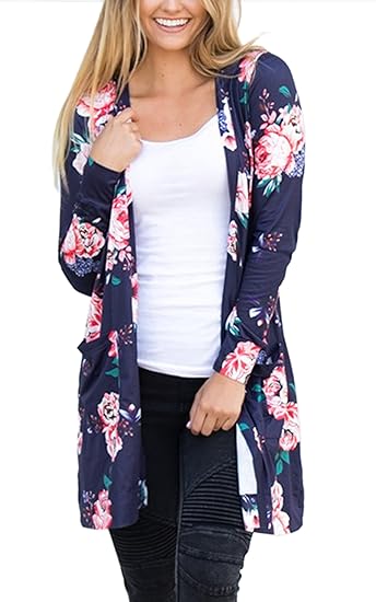ECOWISH Damen Blumenmuster Strickjacke Cardigan Langarmshirt Lose Oberteil Mantel Jacke