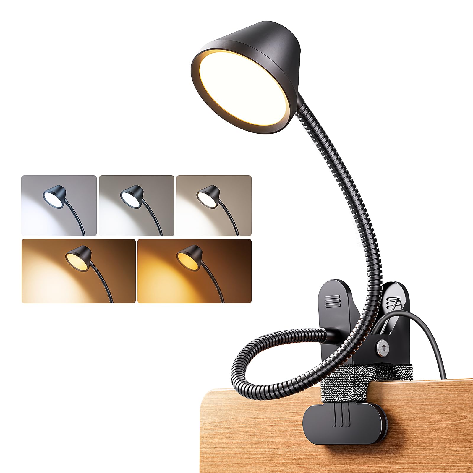 LEPOWER Clip on Light, Dimmable Book Light for Reading in Bed, 300LM Clip on Lamp, 5 Color Temperatures, Night Mode, Timer Setting, 2%-100% Brightness, for Bed, Headboard and More