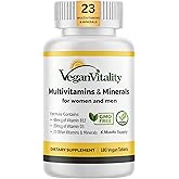 Vegan Vitality Multivitamins & Minerals for Women and Men with High Strength Vitamin B12, D3 & K2. 180 Vegan Multivitamin Tablets - 6 Months Supply. Vitamins for Vegans. Women Multivitamin