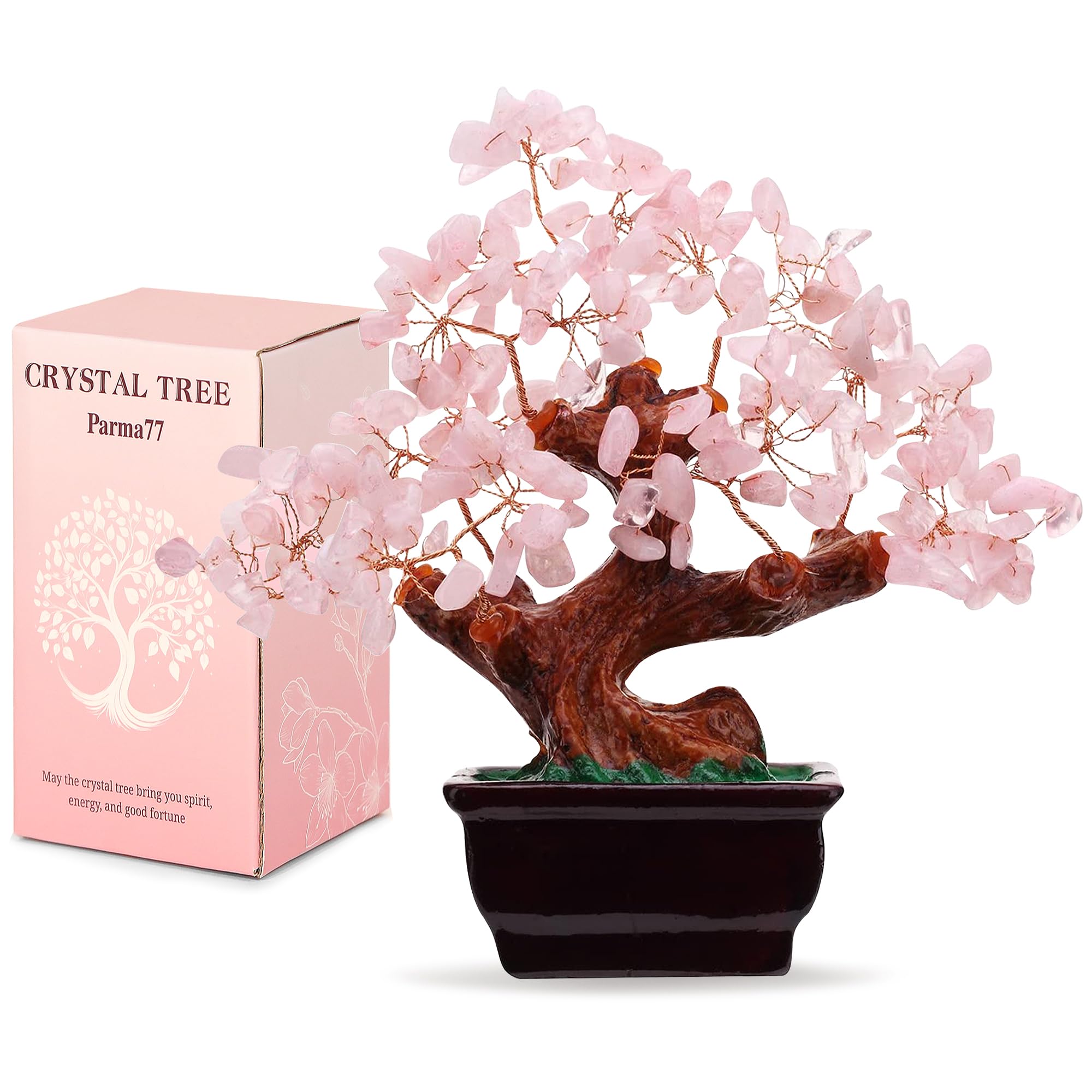 Parma77 Feng Shui Natural Rose Quartz Crystal Money Tree Bonsai Style Decoration for Wealth and Luck