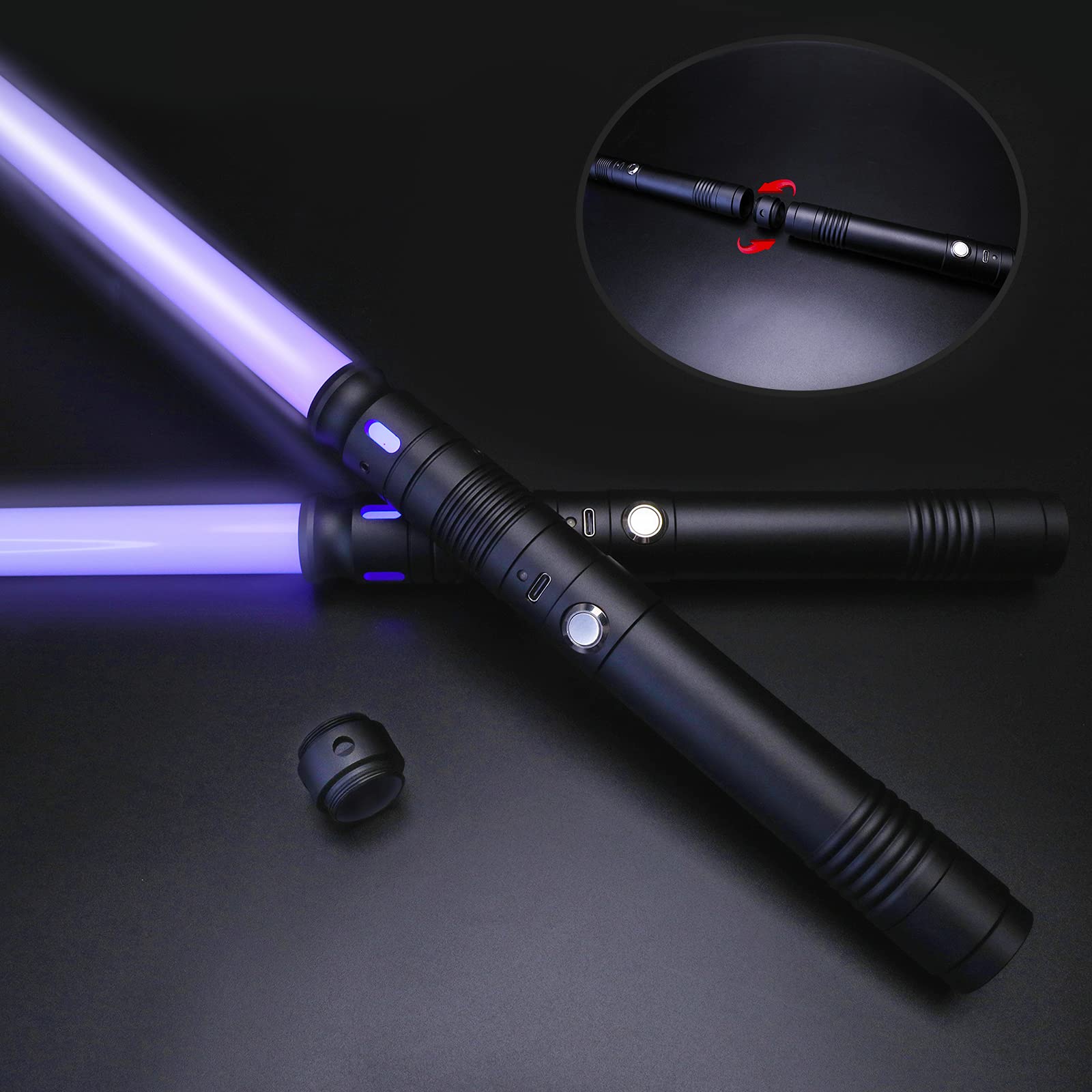 Photo 1 of 2 Pack Rechargeable Lightsabers with Connector, Metal Hilt Light Sabers, Durable PC Blade, USB Charging, Combine into Double Staff, 12 Colors LED, Sound Effects, Dueling Toys for Kids Adults, Gifts